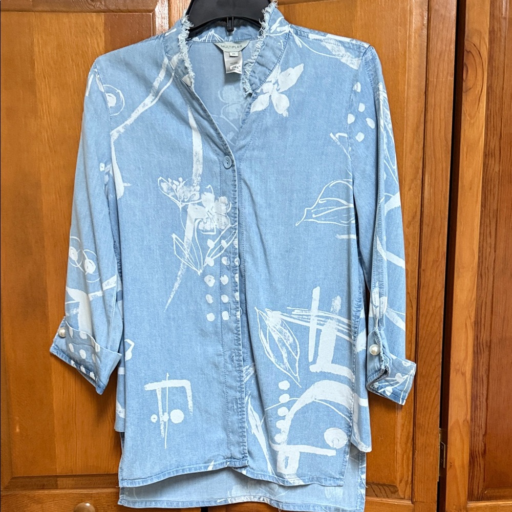 Multiples Light Blue Frayed Edge Top